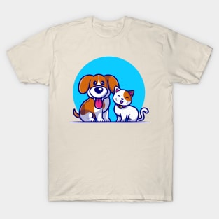 Cute Dog And Cat Friend Cartoon Illustration T-Shirt